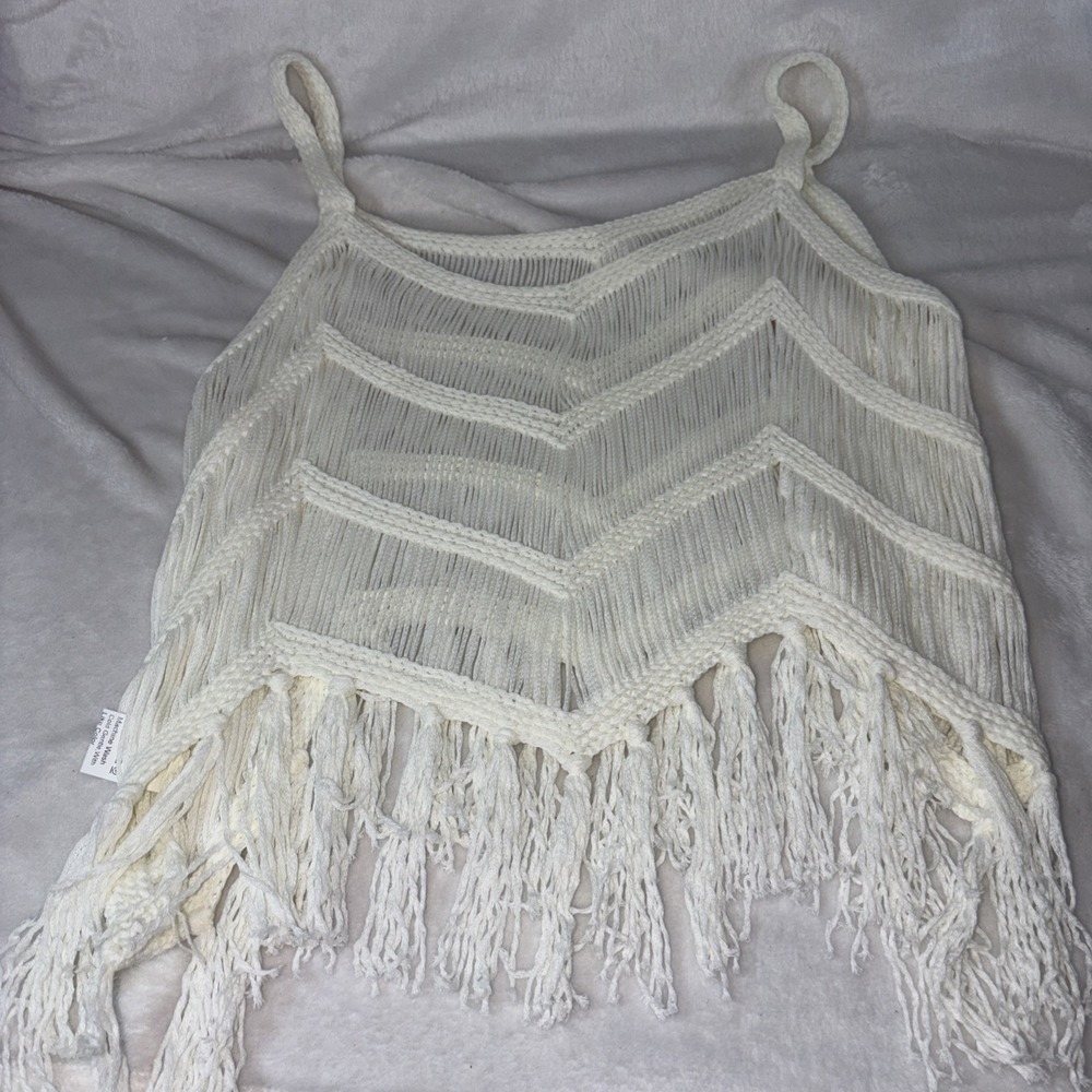 Boho Ivory Crochet Fringe Crop Top Chevron Knit Festival Tank XL Cowgirl Western